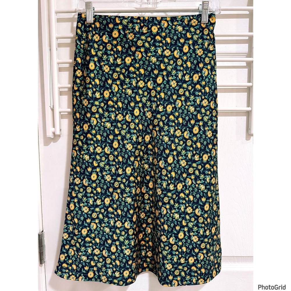 JCrew Navy & Yellow Floral Midi Skirt Beach Vacation